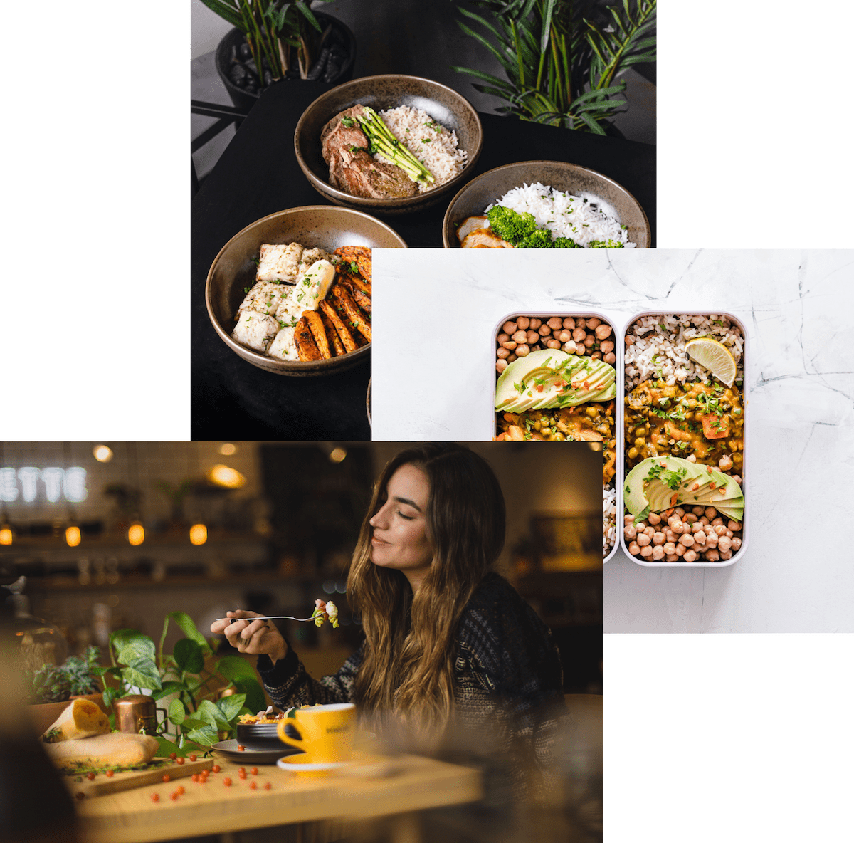 Womman enjoying food, meals in storage contanier, and food bowls on table
